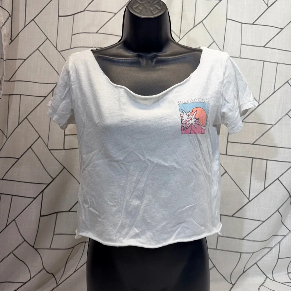 Billabong Hawaii Graphic T-Shirt Small White Cropped Raw‎ Hem Sunset Palm Tree